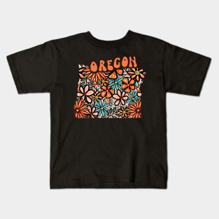 Oregon State Design | Artist Designed Illustration Featuring Oregon State Filled With Retro Flowers with Retro Hand-Lettering Kids T-Shirt